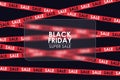 Black friday banner with red crossed ribbons and transparent glass plate with glassmorphism effect. Design for black friday